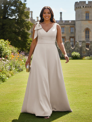 A Line V Neck Sleeveless Bow Satin Bridesmaid Dresses