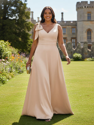 A Line V Neck Sleeveless Bow Satin Bridesmaid Dresses