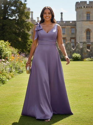 A Line V Neck Sleeveless Bow Satin Bridesmaid Dresses