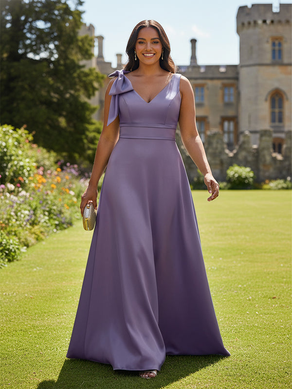 A Line V Neck Sleeveless Bow Satin Bridesmaid Dresses