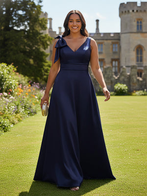 A Line V Neck Sleeveless Bow Satin Bridesmaid Dresses