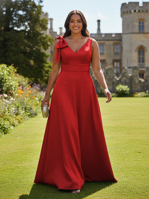 A Line V Neck Sleeveless Bow Satin Bridesmaid Dresses