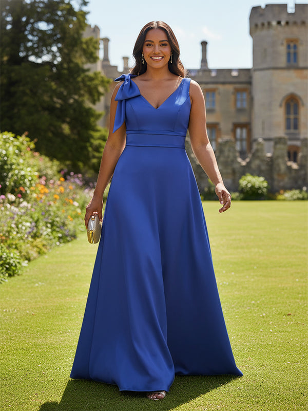 A Line V Neck Sleeveless Bow Satin Bridesmaid Dresses