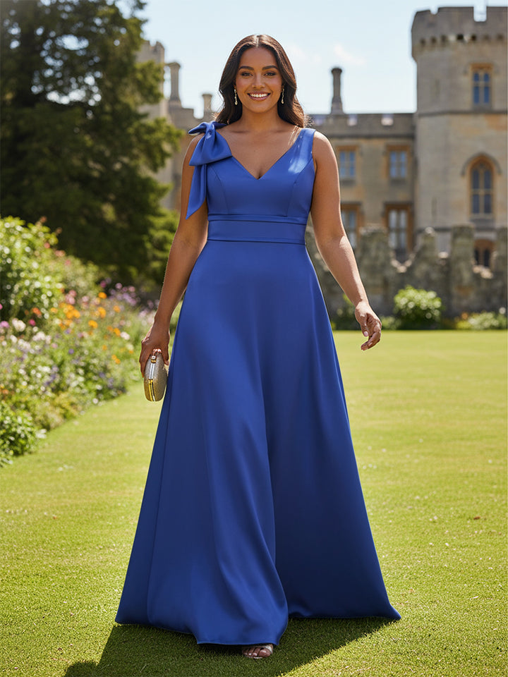 A Line V Neck Sleeveless Bow Satin Bridesmaid Dresses