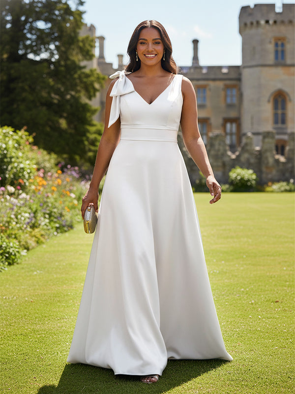 A Line V Neck Sleeveless Bow Satin Bridesmaid Dresses