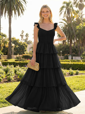 A Line Sleeveless Pleated Chiffon Spaghetti Straps Ruffles Bridesmaid Dresses