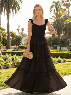 A Line Sleeveless Pleated Chiffon Spaghetti Straps Ruffles Bridesmaid Dresses