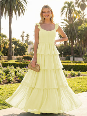 A Line Sleeveless Pleated Chiffon Spaghetti Straps Ruffles Bridesmaid Dresses