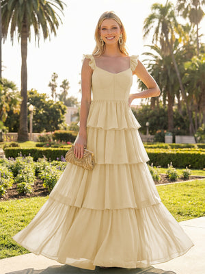 A Line Sleeveless Pleated Chiffon Spaghetti Straps Ruffles Bridesmaid Dresses