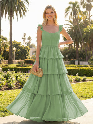 A Line Sleeveless Pleated Chiffon Spaghetti Straps Ruffles Bridesmaid Dresses