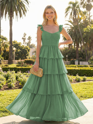 A Line Sleeveless Pleated Chiffon Spaghetti Straps Ruffles Bridesmaid Dresses