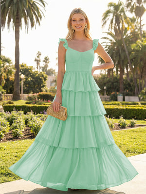 A Line Sleeveless Pleated Chiffon Spaghetti Straps Ruffles Bridesmaid Dresses