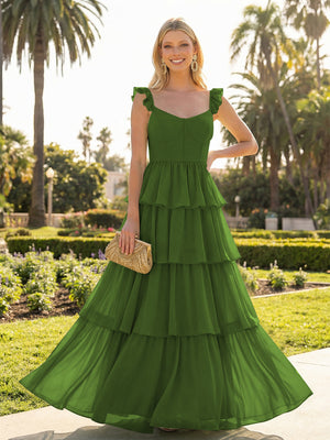 A Line Sleeveless Pleated Chiffon Spaghetti Straps Ruffles Bridesmaid Dresses