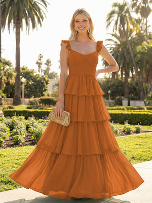 A Line Sleeveless Pleated Chiffon Spaghetti Straps Ruffles Bridesmaid Dresses