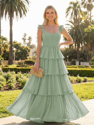 A Line Sleeveless Pleated Chiffon Spaghetti Straps Ruffles Bridesmaid Dresses