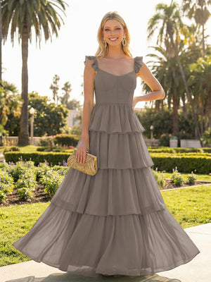 A Line Sleeveless Pleated Chiffon Spaghetti Straps Ruffles Bridesmaid Dresses