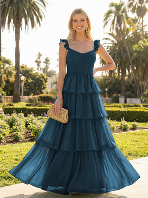 A Line Sleeveless Pleated Chiffon Spaghetti Straps Ruffles Bridesmaid Dresses
