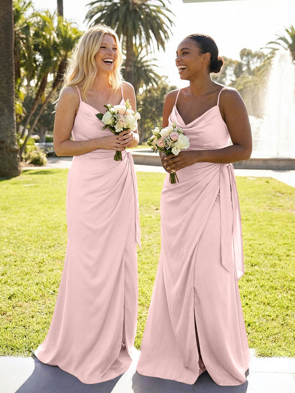 Mermaid Sleeveless Pleated Satin Spaghetti Straps Cowl Neck Bridesmaid Dresses
