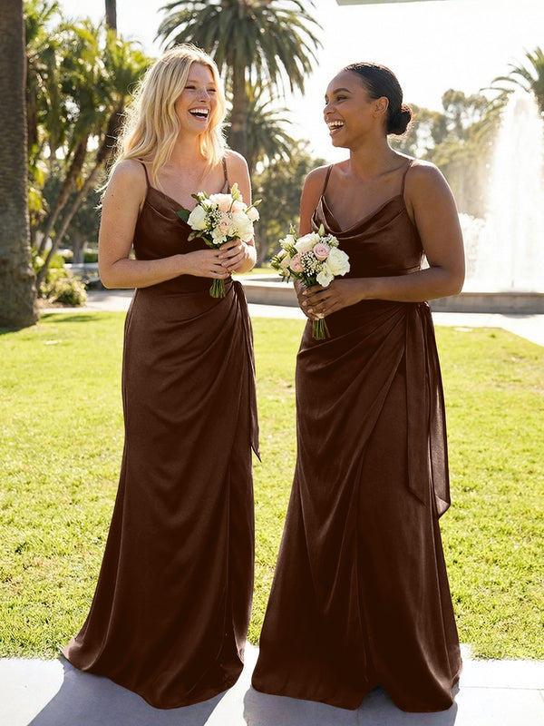 Mermaid Sleeveless Pleated Satin Spaghetti Straps Cowl Neck Bridesmaid Dresses