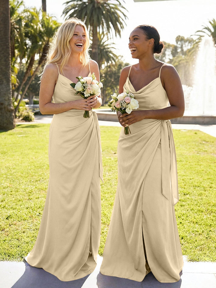 Mermaid Sleeveless Pleated Satin Spaghetti Straps Cowl Neck Bridesmaid Dresses