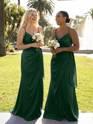 Mermaid Sleeveless Pleated Satin Spaghetti Straps Cowl Neck Bridesmaid Dresses