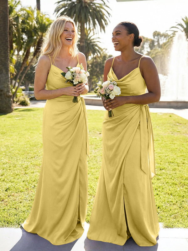 Mermaid Sleeveless Pleated Satin Spaghetti Straps Cowl Neck Bridesmaid Dresses