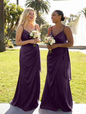 Mermaid Sleeveless Pleated Satin Spaghetti Straps Cowl Neck Bridesmaid Dresses