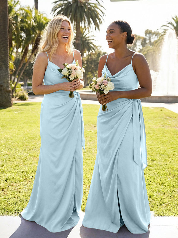 Mermaid Sleeveless Pleated Satin Spaghetti Straps Cowl Neck Bridesmaid Dresses