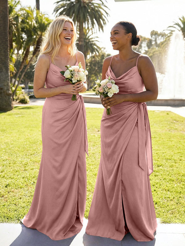 Mermaid Sleeveless Pleated Satin Spaghetti Straps Cowl Neck Bridesmaid Dresses