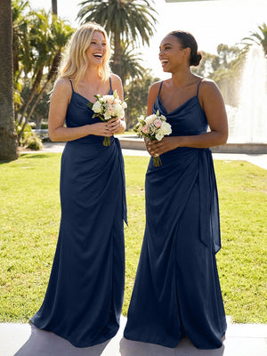 Mermaid Sleeveless Pleated Satin Spaghetti Straps Cowl Neck Bridesmaid Dresses