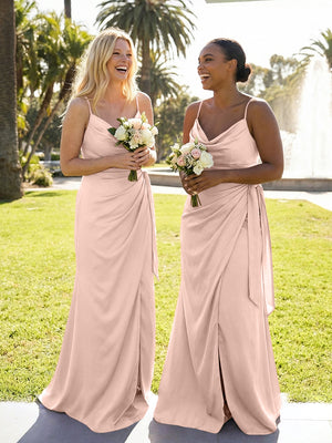 Mermaid Sleeveless Pleated Satin Spaghetti Straps Cowl Neck Bridesmaid Dresses