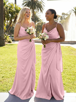 Mermaid Sleeveless Pleated Satin Spaghetti Straps Cowl Neck Bridesmaid Dresses