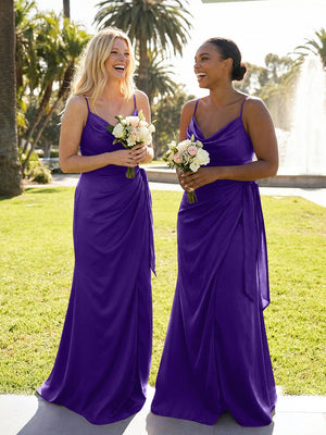 Mermaid Sleeveless Pleated Satin Spaghetti Straps Cowl Neck Bridesmaid Dresses