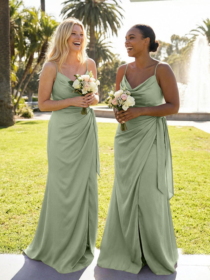 Mermaid Sleeveless Pleated Satin Spaghetti Straps Cowl Neck Bridesmaid Dresses
