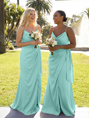 Mermaid Sleeveless Pleated Satin Spaghetti Straps Cowl Neck Bridesmaid Dresses