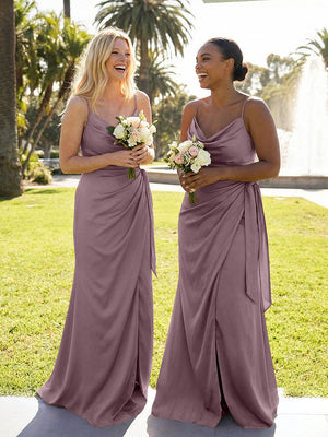 Mermaid Sleeveless Pleated Satin Spaghetti Straps Cowl Neck Bridesmaid Dresses