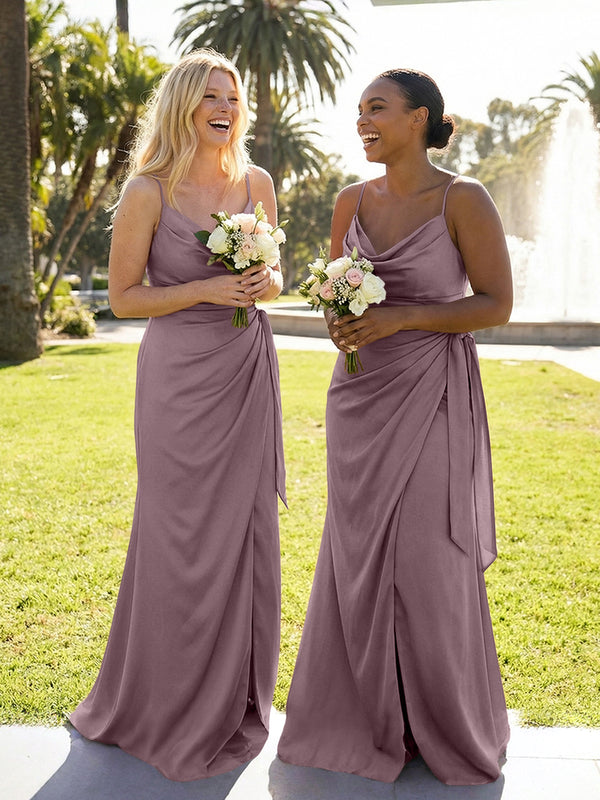Mermaid Sleeveless Pleated Satin Spaghetti Straps Cowl Neck Bridesmaid Dresses