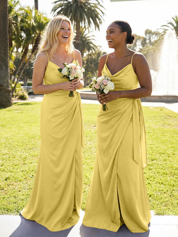 Mermaid Sleeveless Pleated Satin Spaghetti Straps Cowl Neck Bridesmaid Dresses