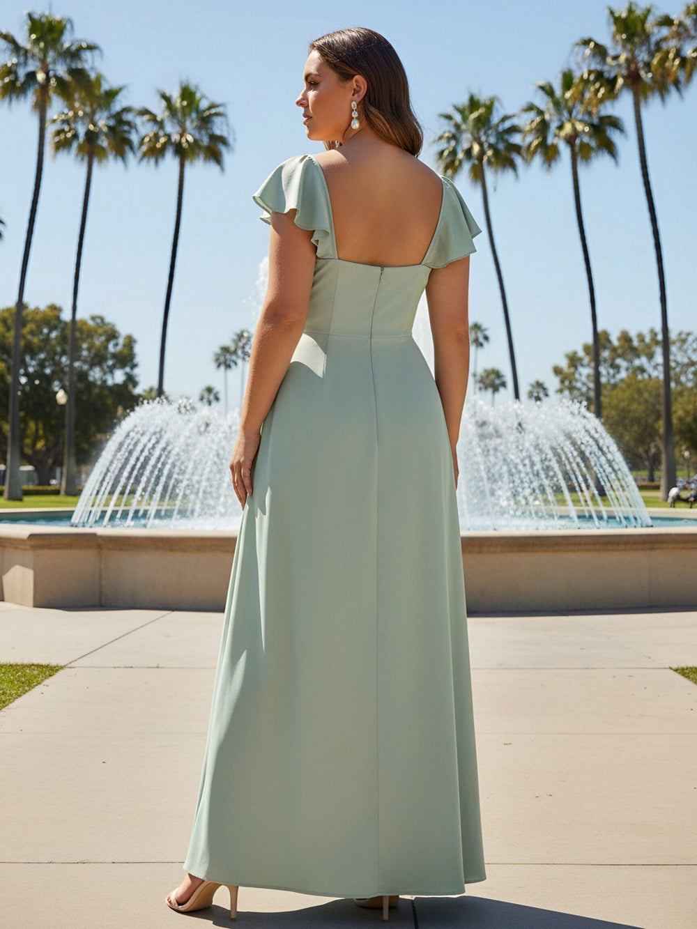 A Line Sleeveless Chiffon Spaghetti Straps Pleated Bridesmaid Dresses with Slit
