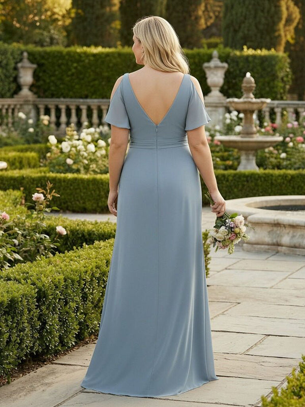 A Line V Neck Short Sleeves Chiffon Bridesmaid Dresses with Slit