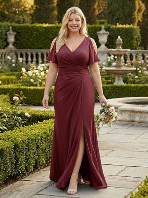 A Line V Neck Short Sleeves Chiffon Bridesmaid Dresses with Slit