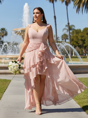 A Line Ruffles Chiffon Spaghetti Straps Pleated Bridesmaid Dresses with Slit