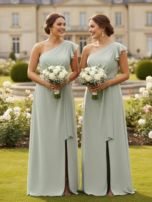A Line One Shoulder Ruffles Chiffon Bridesmaid Dresses with Slit