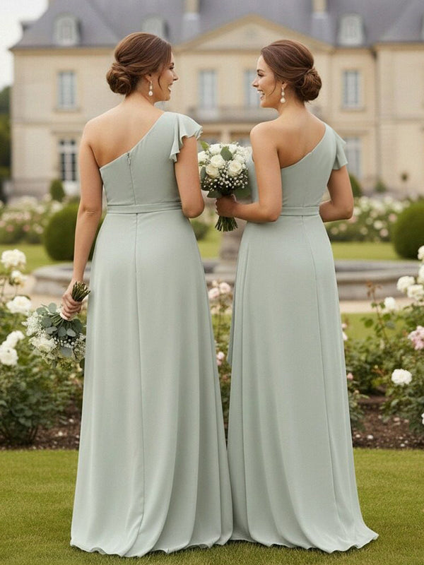 A Line One Shoulder Ruffles Chiffon Bridesmaid Dresses with Slit