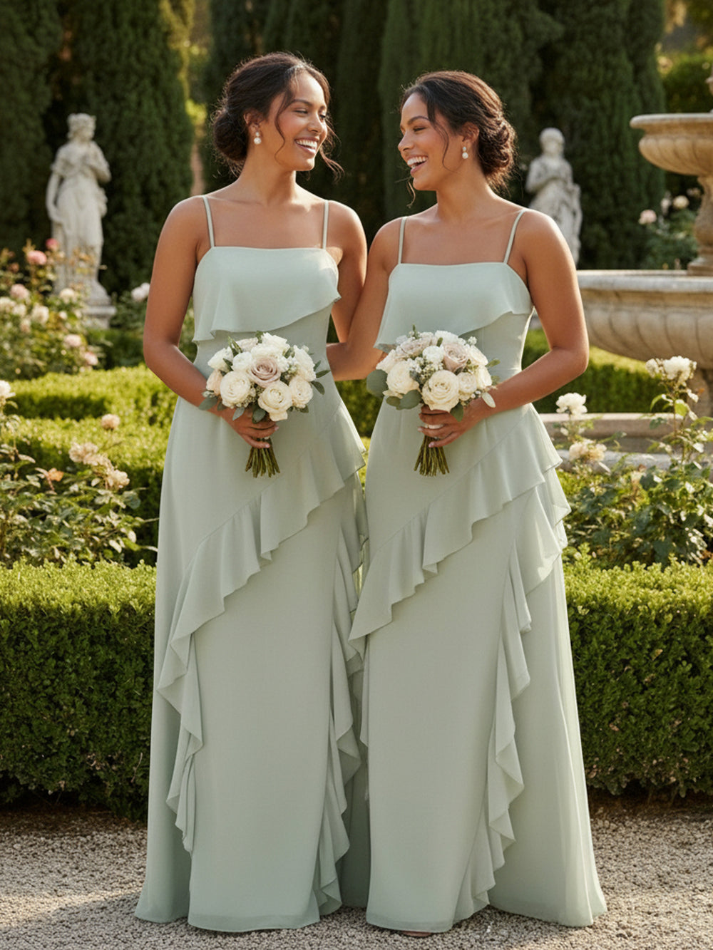 Chiffon Spaghetti Straps Square Neck Ruffles Bridesmaid Dresses