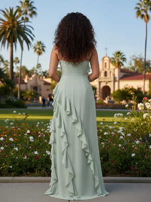 Chiffon Spaghetti Straps Square Neck Ruffles Bridesmaid Dresses