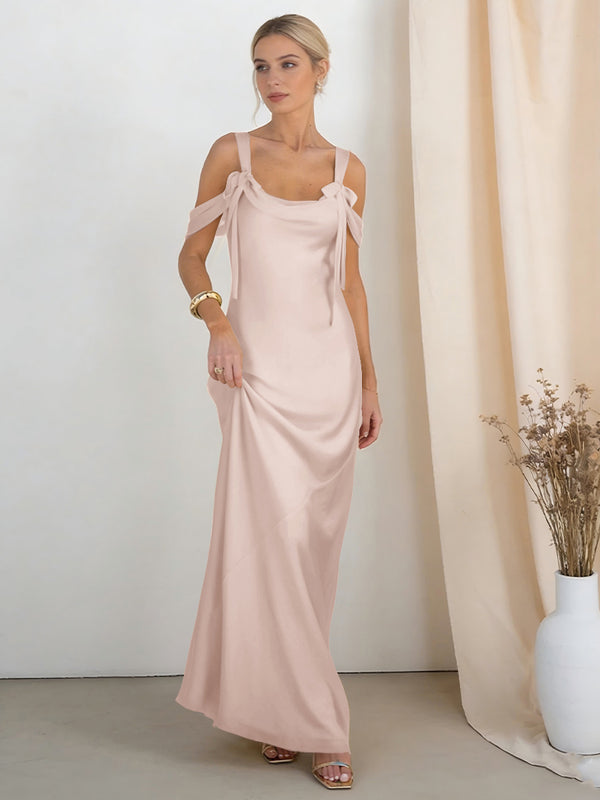 Satin Spaghetti Straps Bridesmaid Dresses with Bows
