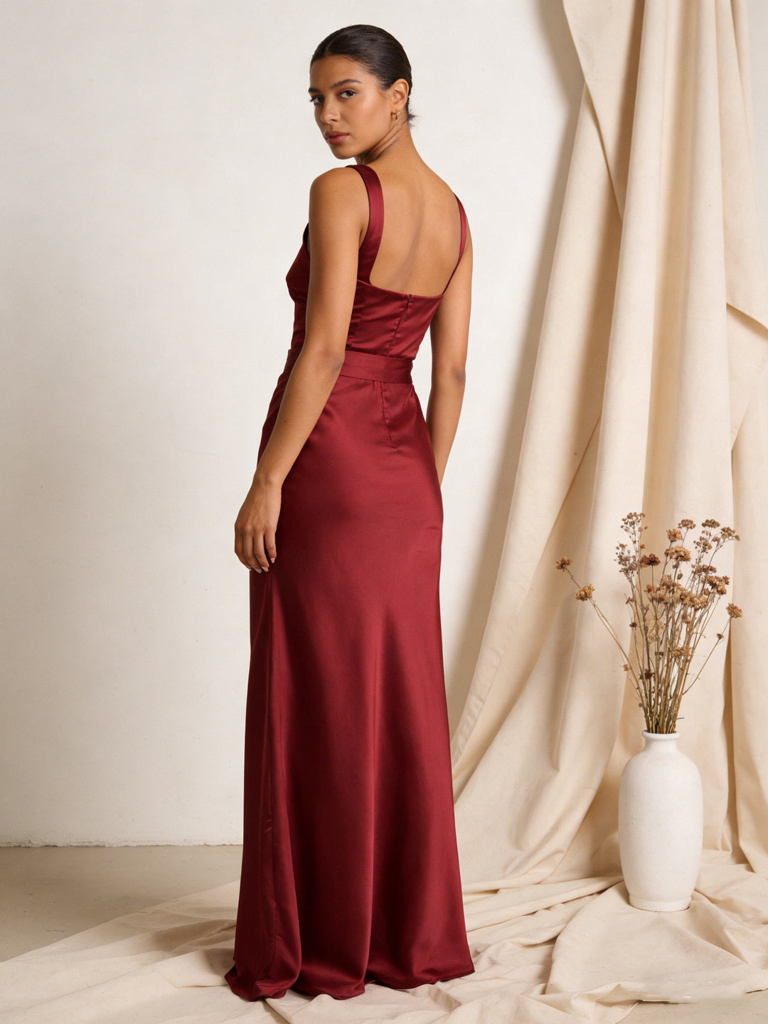 Satin Square Neck Bridesmaid Dresses with Belt
