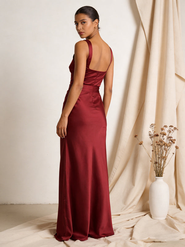 Satin Square Neck Bridesmaid Dresses with Belt
