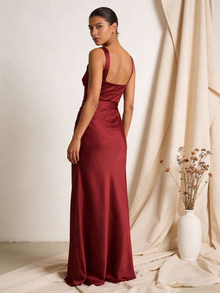 Satin Square Neck Bridesmaid Dresses with Belt